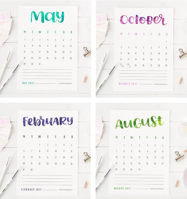 calendario anual imprimible en color cada mes uno pantone diy 2017