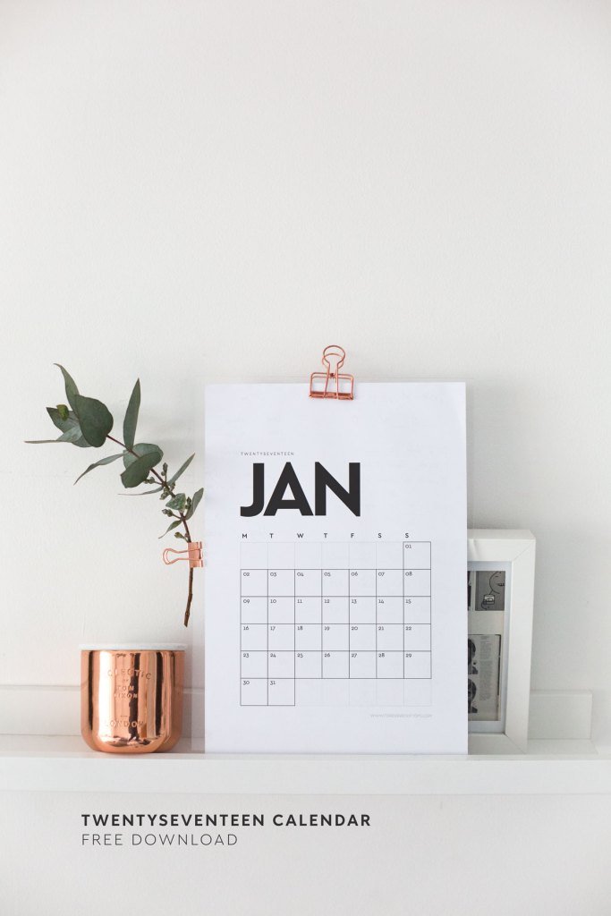 calendario minimalista, sobrio y sencillo en blanco y negro anual imprimible diy 2017