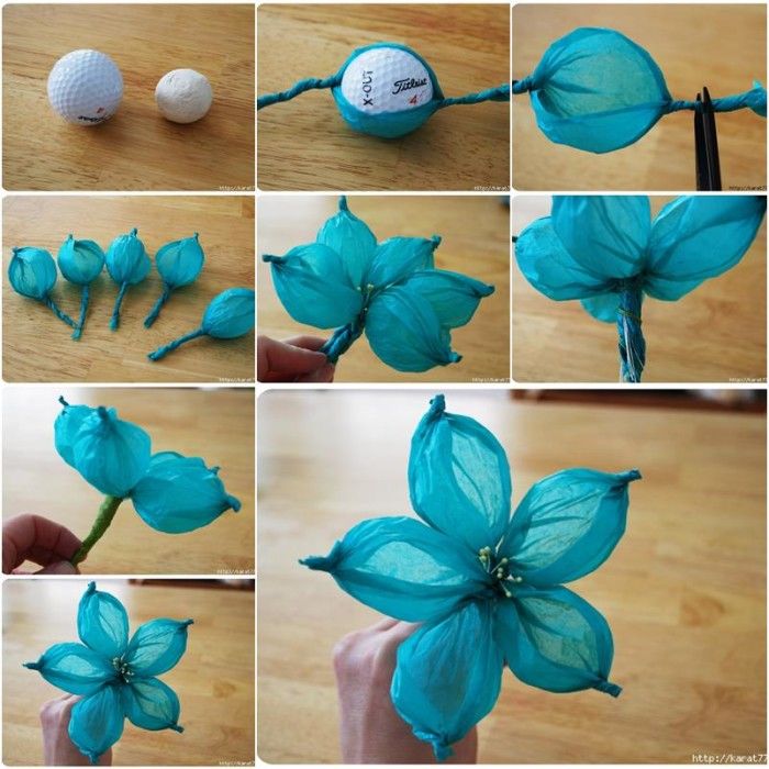 flores azules para hacer en casa muy sencillas ocn papel pinocho azul y pelotas de golf o pingpong.