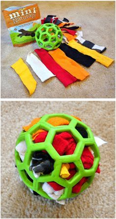 Pelota de goma con trozos de tela dentro juguetes caseros para perros