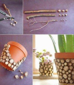Macetas decoradas con trocitos de ramas