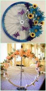 ruedas de bicicletas recicladas para decoración floral