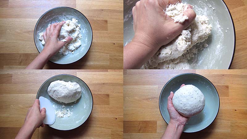 Vista de cuatro pasos de una mano amasando ingredientes dentro de un cuenco