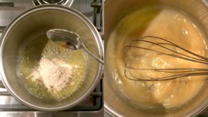 Pantalla partida preparando la roux de mantequilla y harina en una cacerola con un batidor de varillas